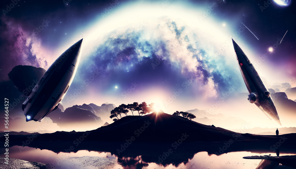 A spacecraft on a wild planet, where the color scheme and landscape are unknown and dangerous. The painting depicts the universe, mystery, undiscovered, and exploration. Generative AI