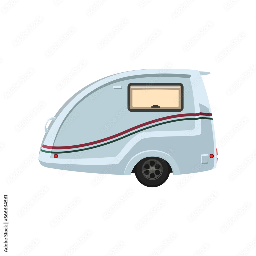 Obraz premium Blue camping transport vector illustration. Cartoon drawing of camper van, travel car, trailer and RV as mobile home isolated on white background. Camping, traveling, tourism concept
