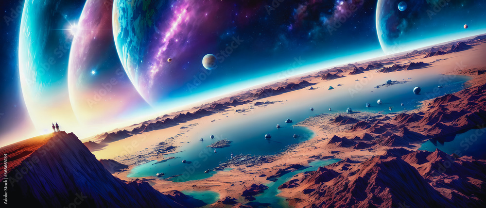 Sc-fi starry sky and planetary view, below. Generative AI Sc-fi starry sky and planetary view, below. Generative AI