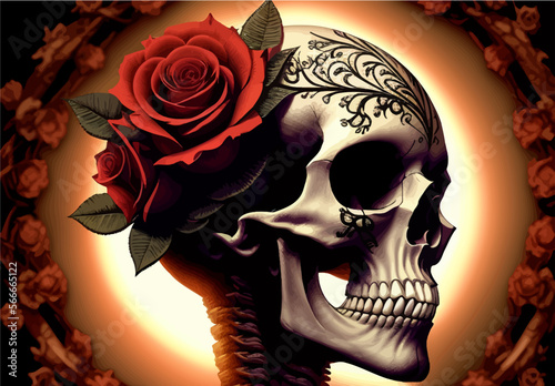 Skull and roses vector illustration. Dark fantasy.