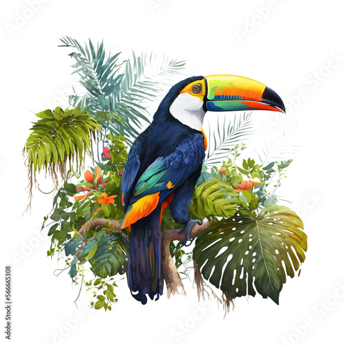 Colorful vivid Toucan tropical bird illustration on transparent background