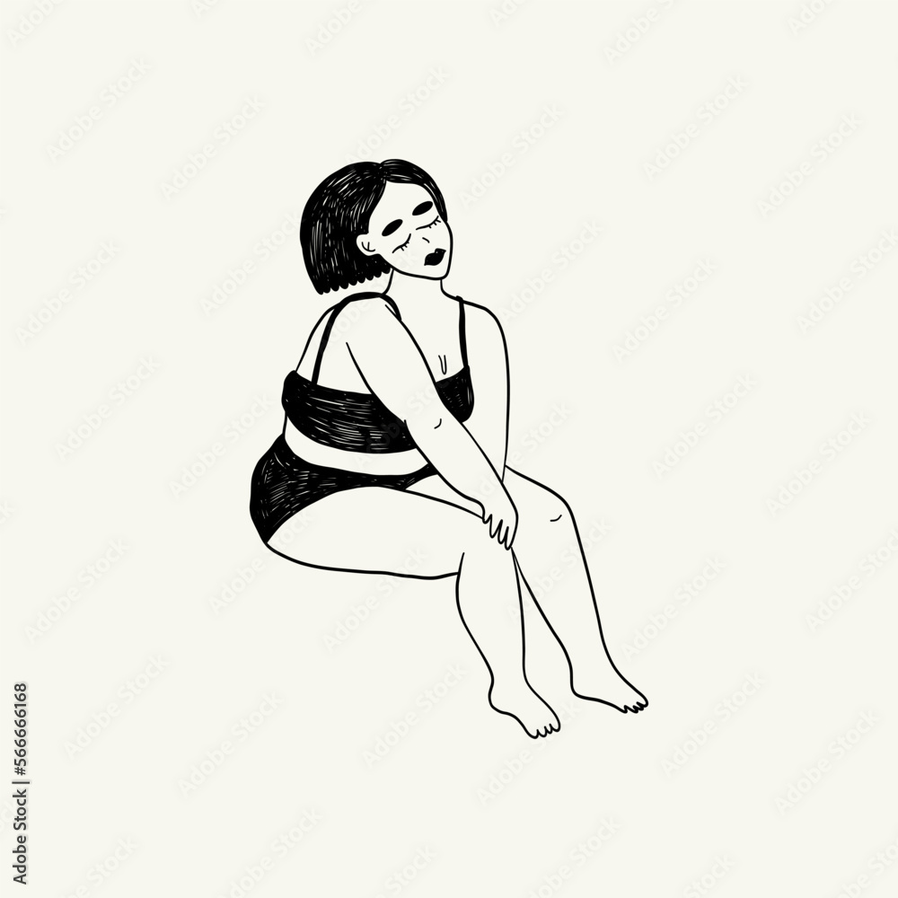 Feminism body positive illustration with minimalistic female figure, love to own figure, female freedom, girl power isolated vector illustration. Feminism body positive illustration with minimalistic female figure, love to own figure, female freedom, girl power isolated vector illustration.