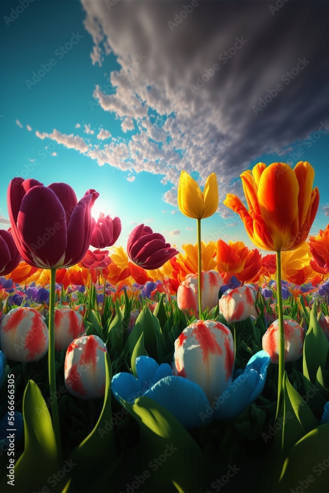 the endless colorful tulip flowers. Generative Ai.