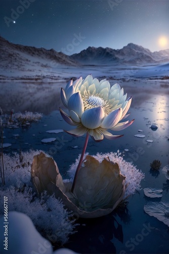 Beautiful picture blue snow lotus blooming. Generative Ai.