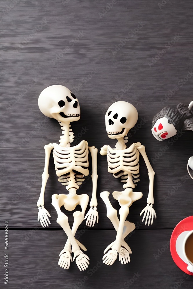 Couple skeleton toys sitting on coffee cup on table wood in coffee shop with black background - generative ai Couple skeleton toys sitting on coffee cup on table wood in coffee shop with black background - generative ai