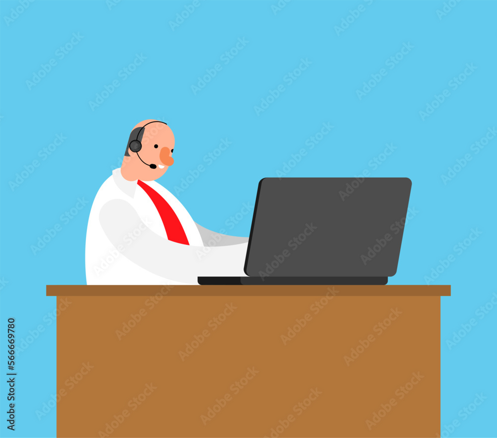 Call center worker isolated. man with headset sits at computer and helps clients. Vector illustration Call center worker isolated. man with headset sits at computer and helps clients. Vector illustration