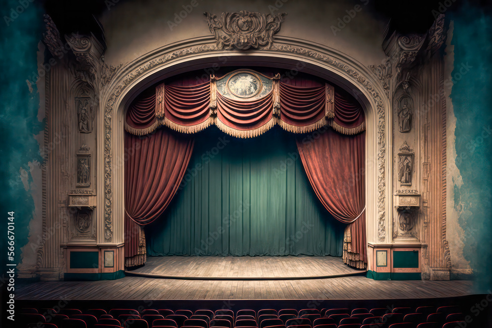 Empty theatre stage with curtains. Generative AI.