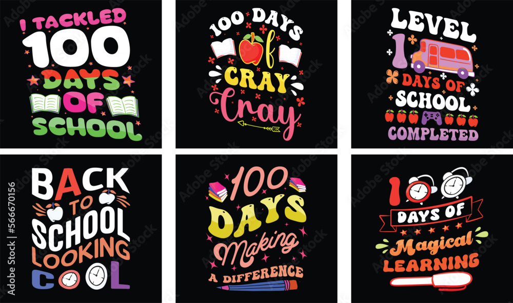 100 Days of School T-shirt Design Bundle. 100 Days of School Vector. Typography t-shirt design.
