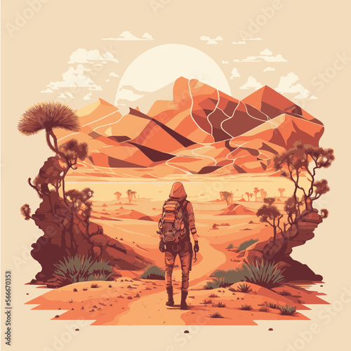 Traveler with a backpack standing and looking at the desert, nature 2