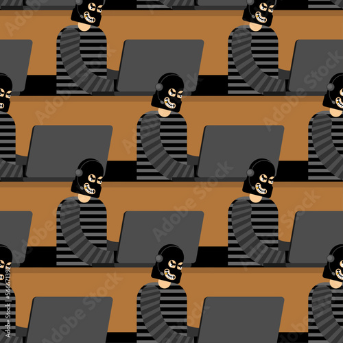 Call center scammer pattern seamless. swindler background. Criminal with headset sits at computer and deceives people.