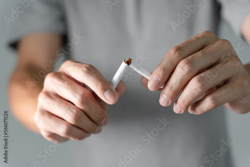 No smoking. Man stop smoke, refuse, reject, break take cigarette, say no. quit smoking for health. world tobacco day. drugs, Lung Cancer, emphysema , Pulmonary disease, narcotic, nicotine effect