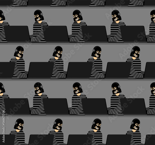 Call center scammer pattern seamless. swindler background. Criminal with headset sits at computer and deceives people.
