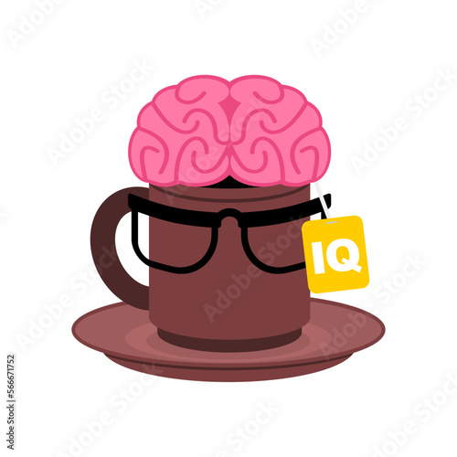 Cup of coffee with brains. Coffee shop for nerds sign. Brainstorming concept