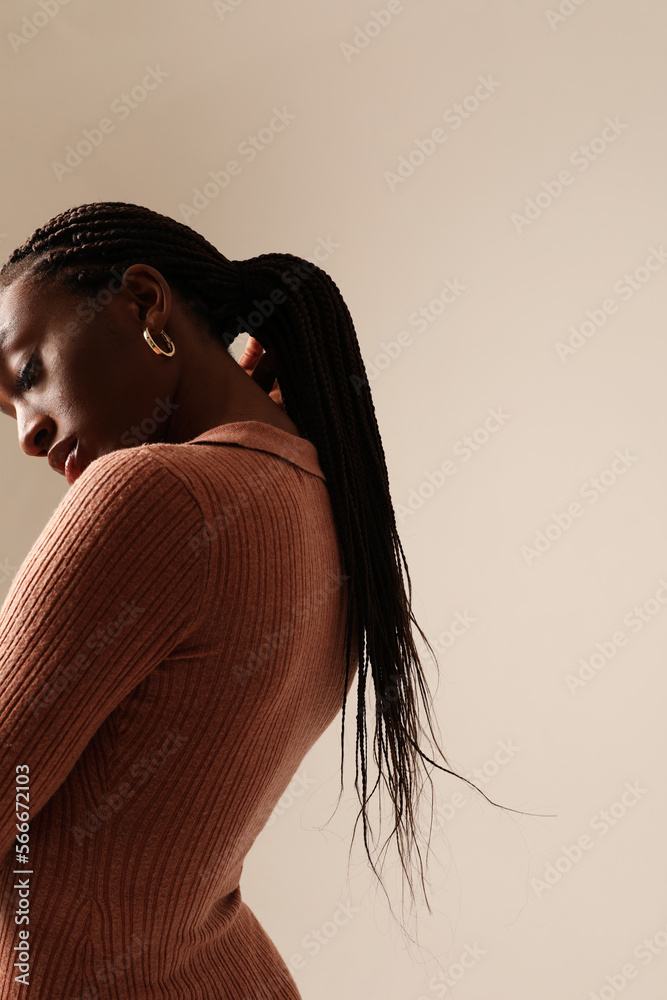 Cropped portrait of confident young woman with braids posing indoor ...