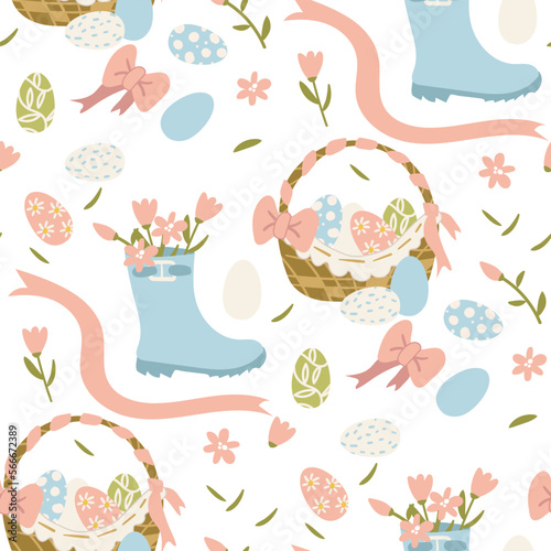 A pattern of a simple pattern with colored eggs in a basket  with flowers in a boot and ribbons. Easter holiday white background for printing on fabric and paper  gift wrapping and wallpaper.