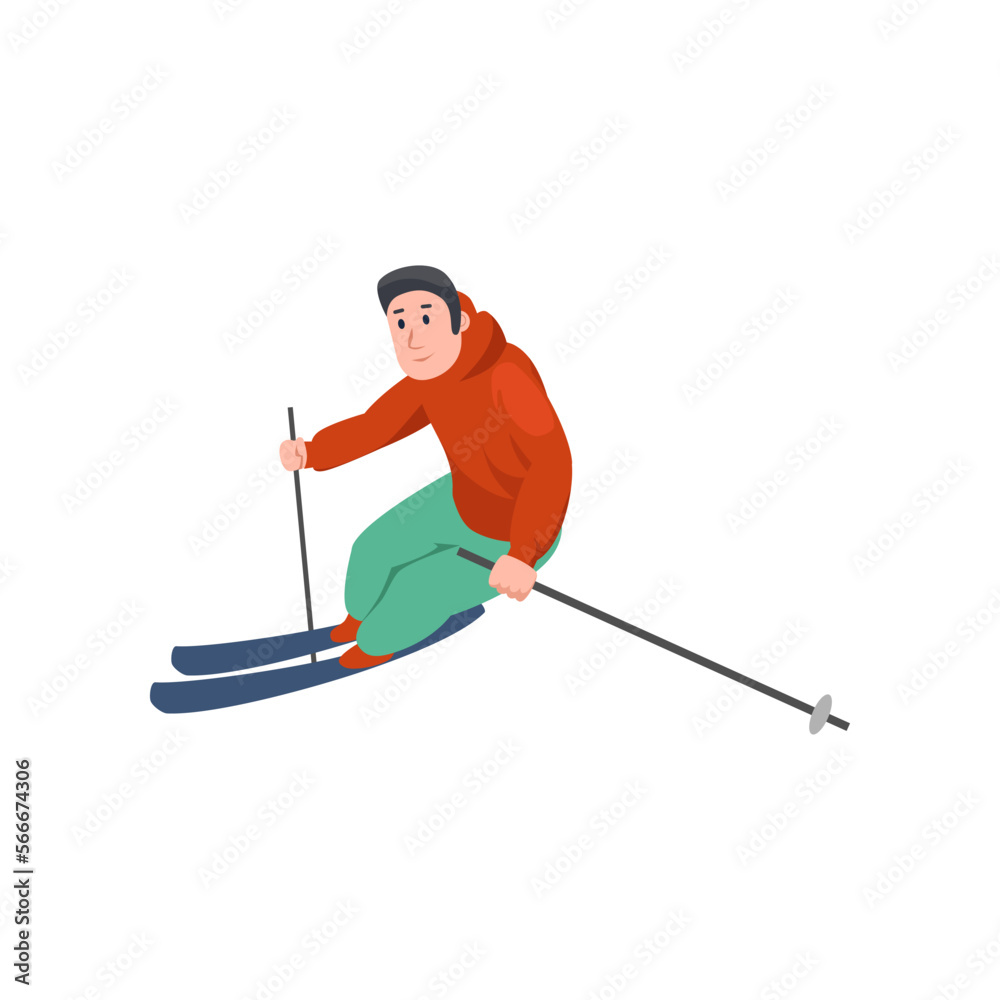 Active happy man skiing vector illustration. Male character with skiing equipment jumping cartoon vector illustration. Winter activities concept Active happy man skiing vector illustration. Male character with skiing equipment jumping cartoon vector illustration. Winter activities concept
