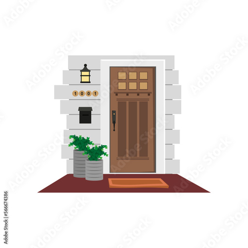 House or apartment entrance, wooden wall with houseplants, lamp and mailbox around wooden door isolated on white background. Porch flat vector illustration. Exterior design concept