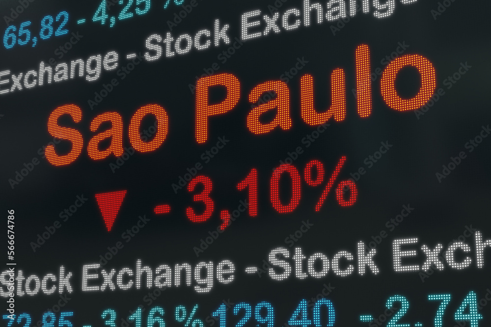 Sao Paulo stock exchange moving down. Brasil, Sao Paulo negative stock market data on a trading screen. Red percentage sign and ticker information. Stock exchange and business concept. 3D illustration Sao Paulo stock exchange moving down. Brasil, Sao Paulo negative stock market data on a trading screen. Red percentage sign and ticker information. Stock exchange and business concept. 3D illustration
