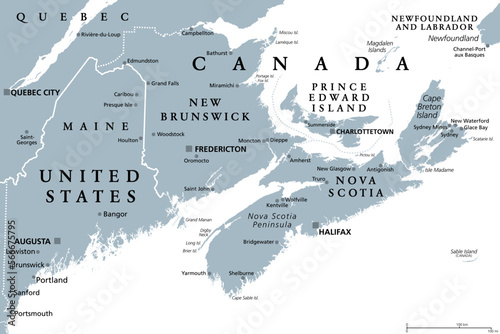 Foto The Maritimes region of Eastern Canada, also called Maritime provinces, gray political map, with capitals, borders and large cities
