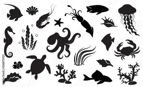 Set of sea animals and fish. Collection of sea and ocean life. Isolated black silhouette. Vector