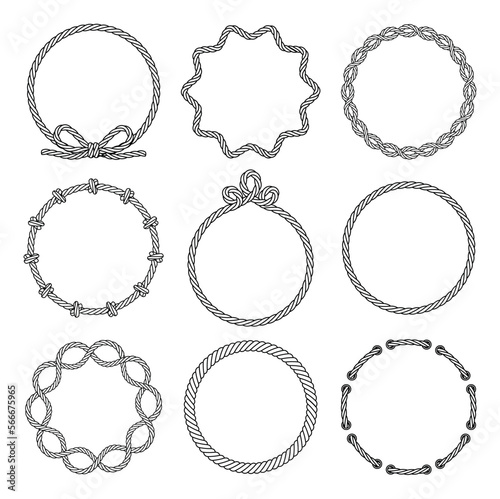 Rope. Set of various rope frames and round decorative elements. Frames, laces, knots and decorations. Nautical rope. Isolated black outline. Vector illustration