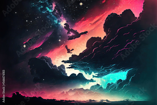 An abstract sky filled with different hues of color creates a vibrant and striking landscape featuring dramatic clouds. Generative AI