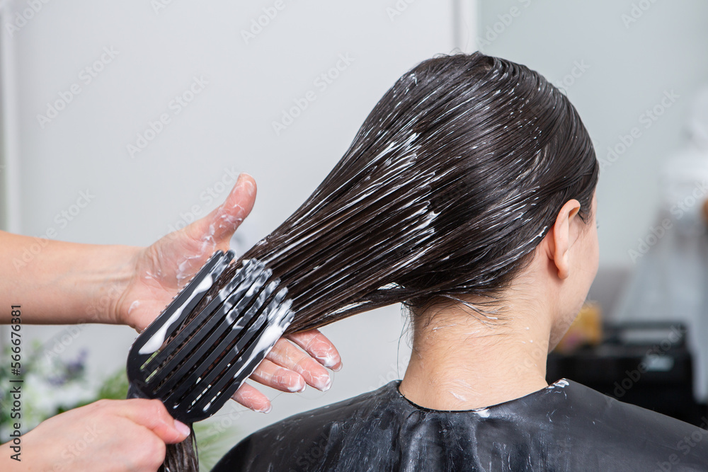 Naklejka premium Hairdresser applies a hair mask to straight black hair. Hair care at the beauty salon.