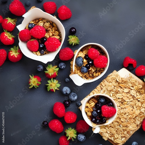 crispy muesli and fresh berries for breakfast on dark background, horizontal - generative ai