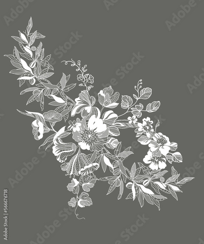 Lace flowers and foliage. Vector illustration, bouquet.