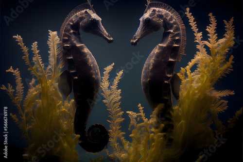 A pair of brown seahorses at the bottom of the ocean with seaweed and plants generative AI