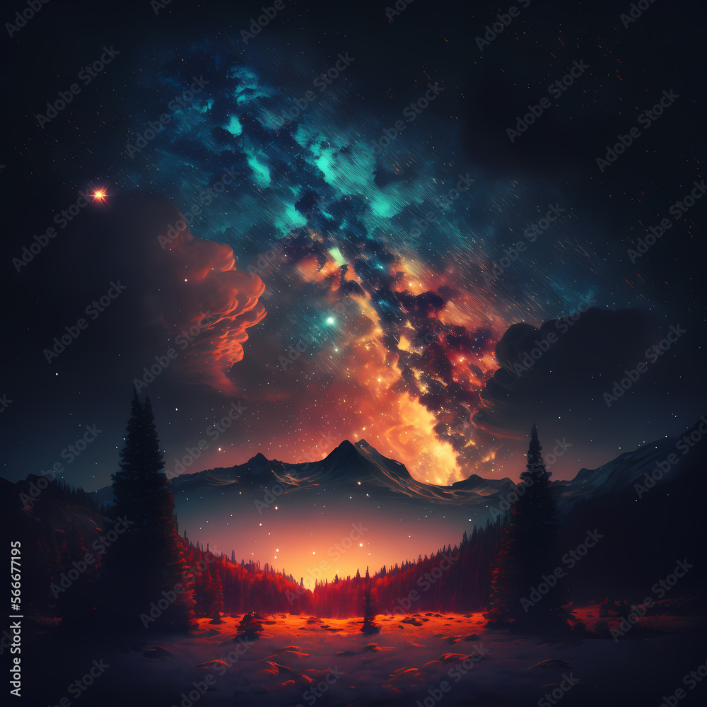 Galaxy landscape, art illustration. Beautiful wallpaper for phone, web 