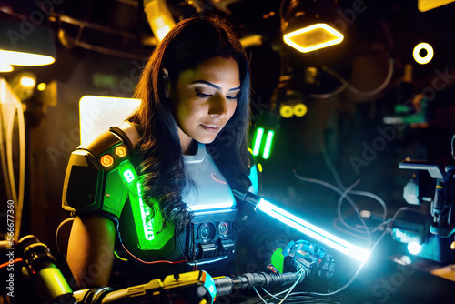 Venezuelan cyborg woman with prosthetic arm in mechanics shop working on futuristic technology close up photo portrait with neon lights Generative AI Photo