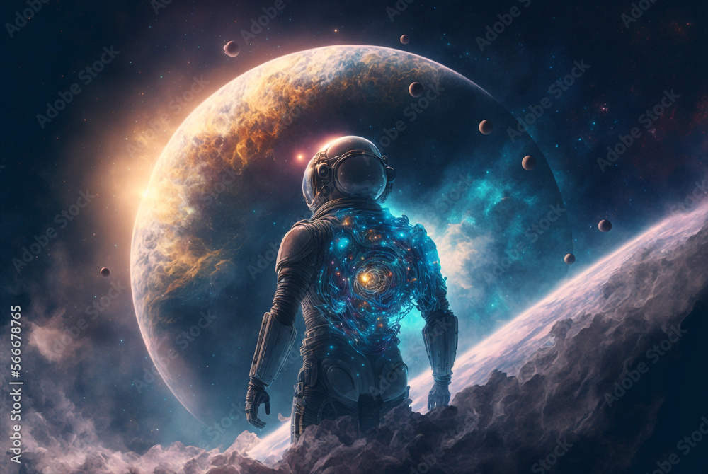 Generative ai illustration sci-fi futuristic humanoid robot in outer space. Generative ai illustration sci-fi futuristic humanoid robot in outer space.