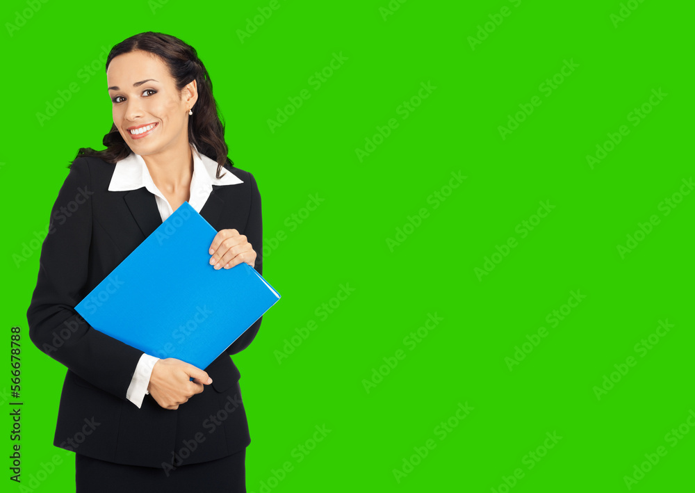 Portrait of happy smiling business woman with blue folder. Green chroma key background. Green chroma key background. Portrait of happy smiling business woman with blue folder. Green chroma key background. Green chroma key background.