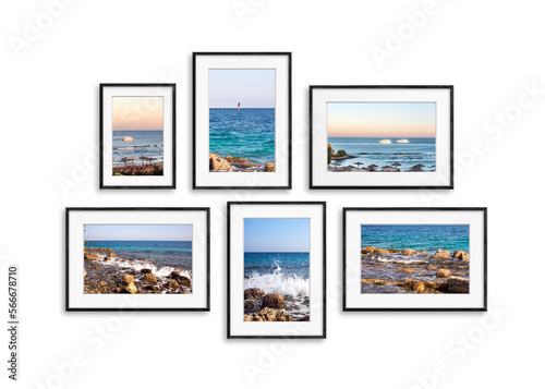 Frames collage, sea view motif, interior decor set