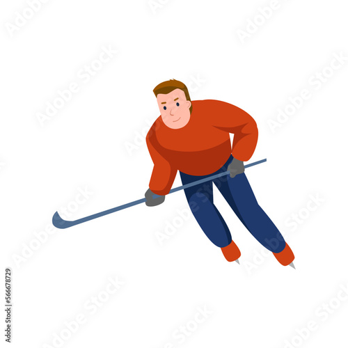 Active happy man playing hockey vector illustration. Male character with hockey equipment skating cartoon vector illustration. Winter activities concept