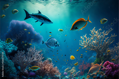Underwater ocean with coral reefs and colorful fish, generated ai