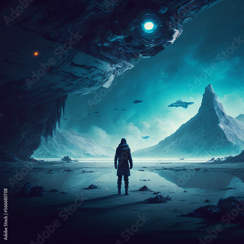 Generative ai astronaut exploring planet watching outer space. Science fiction illustration of cosmonaut standing looking at habitable planet in the space