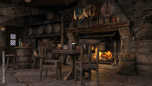 Fantasy tavern with a fireplace, trophies, and seating with a meal.