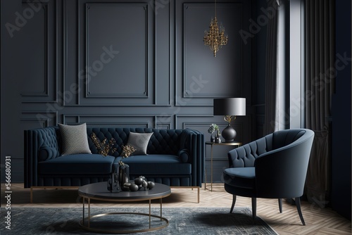 modern living room mock up with dark blue sofa  armchairs near coffee table  modern rug  floor lamp and empty gray wall  luxury living room interior background. Generative AI