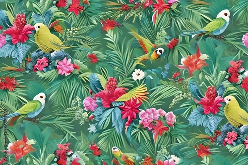 An exotic tropical pattern with parrots and flowers in toile de jouy style. Generative AI © Pixel Matrix