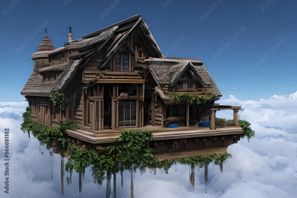 An image of a home floating on clouds. Generative AI
