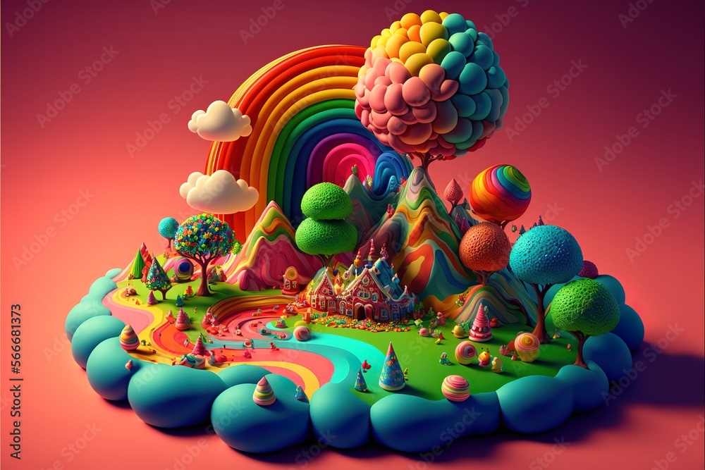 multicolored candy forming a rainbow colored fantasy landscape. Generative AI