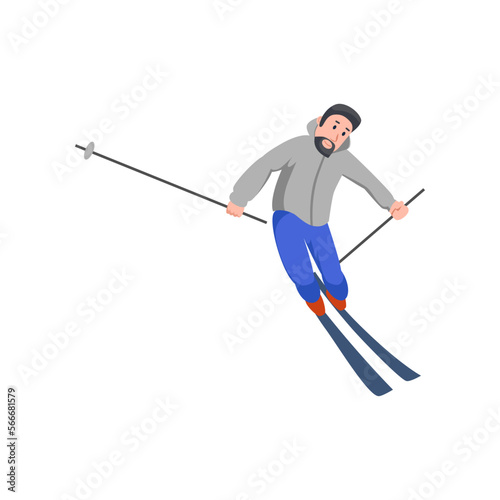 Active happy man skiing. Male character with skiing equipment jumping cartoon vector illustration. Winter activities concept