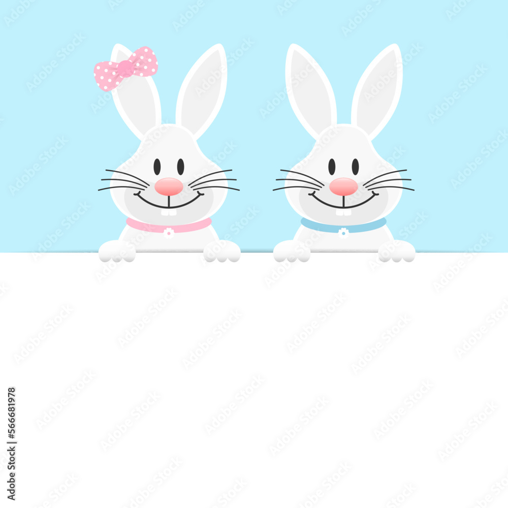 Obraz premium 2 Weiße Osterhasen Mädchen Und Junge Halten Banner Himmel
