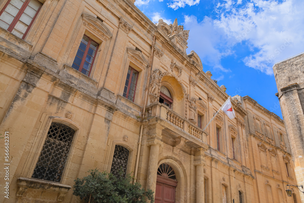 View street of Mdina, a fortified medieval town enclosed in bastions, located on a large hill in the centre of Malta. 