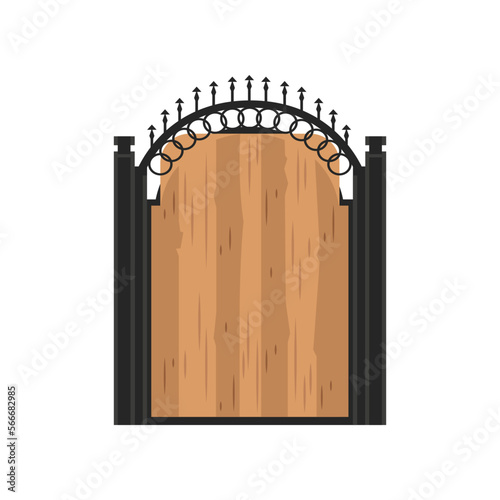 Wooden door with metal gate frame vector illustration. Manor barrier with closed door, ornaments and decoration from wrought iron isolated on white background. Entrance, city concept