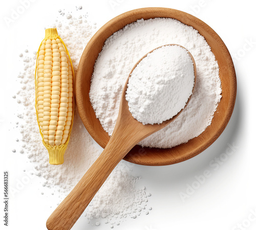 Top view of wooden spoon and bowl full of corn starch isolated on white