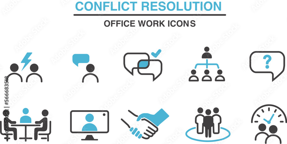 Conflict resolution hr office icon set - editable stroke and duotone 
