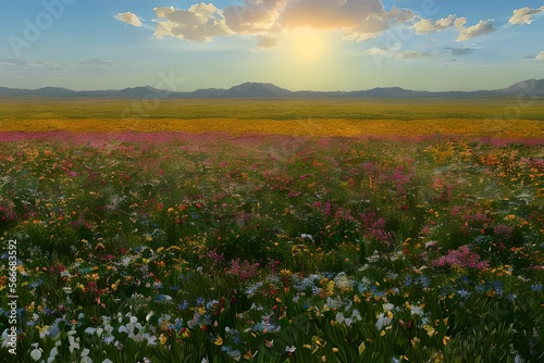 Beautiful sunny fields of flowers stretching to the mountains